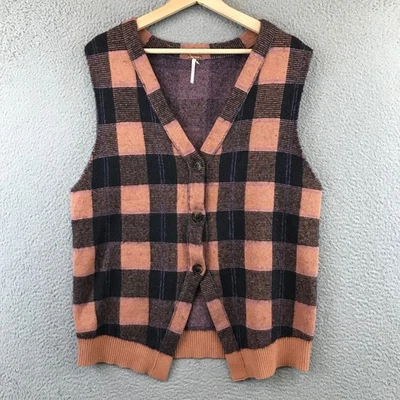 Chaleco suéter tejido frontal con botones cuello en V a cuadros Free People para mujer M Foto 1 de 4