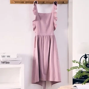 Adjustable Cotton Linen Pinafore Retro Ruffle Trim Apron Barista Apron Kitchen - Picture 1 of 14