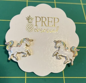NEW Prep Obsessed White Unicorn  Stud Earrings - Picture 1 of 3