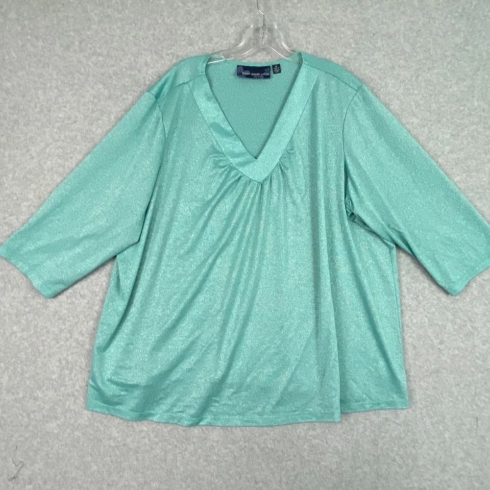 Blusa de punto Susan Graver Top para mujer talla 3X verde metálico cuello en V manga 3/4 Foto 1 de 4