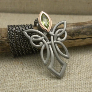 Large Sterling Silver & 10K Rose Guardian Angel Pendant with Peridot Keith Jack - Picture 1 of 9
