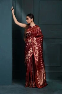 Ausgefallener indischer Bollywood Designer Hochzeit Party Sari Kalamkari Seide bedruckt - Bild 1 von 9