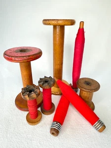 Set 8 Vintage Wood Textile Mill Spools Industrial Bobbins Primitive Decor Thread - Picture 1 of 17
