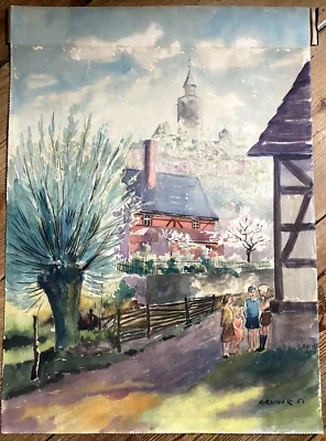 Técnica de acuarela/mezcla para niños 1951 Old Town Castle Tower Tudor Home Foto 1 de 4