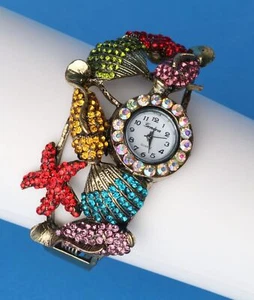 Multi-Color Fashion Crystal Sea Life Clamper Bracelet Watch New - Picture 1 of 4