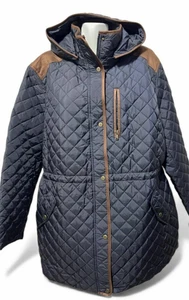 Nuovo cappotto Ralph Lauren blu navy trapuntato finta pelle scamosciata orlo con cappuccio chiusura a scatto 3X - Foto 1 di 16
