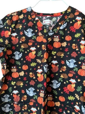 White Cross  Scrub Top Autumn Pumpkins  Foxes Medical Nurse Size Medium - Image 1 of 4