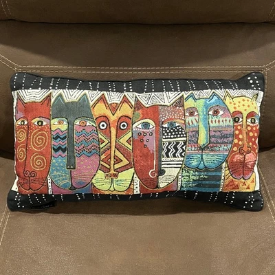 Laurel Burch 6 Cat Faces Tapestry & Black 24 X 13 Vintage Lumbar Pillow - Image 1 of 4