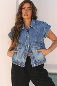 Nora Jeansweste blau Acid Wash elastischer Saum Knopfleiste - Bild 1 von 7