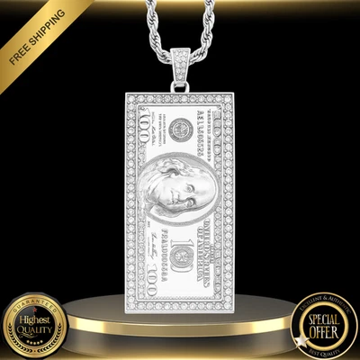 Colgante de dinero en efectivo con billete de $100 circonita cúbica de lujo helado tono plata + cadena de cuerda de plata de 24" Foto 1 de 4