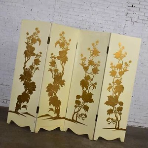 White Hollywood Regency BoHo Chic 4 Panel Folding Screen Floral Embossed Design - Picture 1 of 12