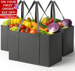 Reusable Grocery Bags 3 Packs, Heavy Duty Foldable Shopping Bags with Reinforced - Picture 1 of 12