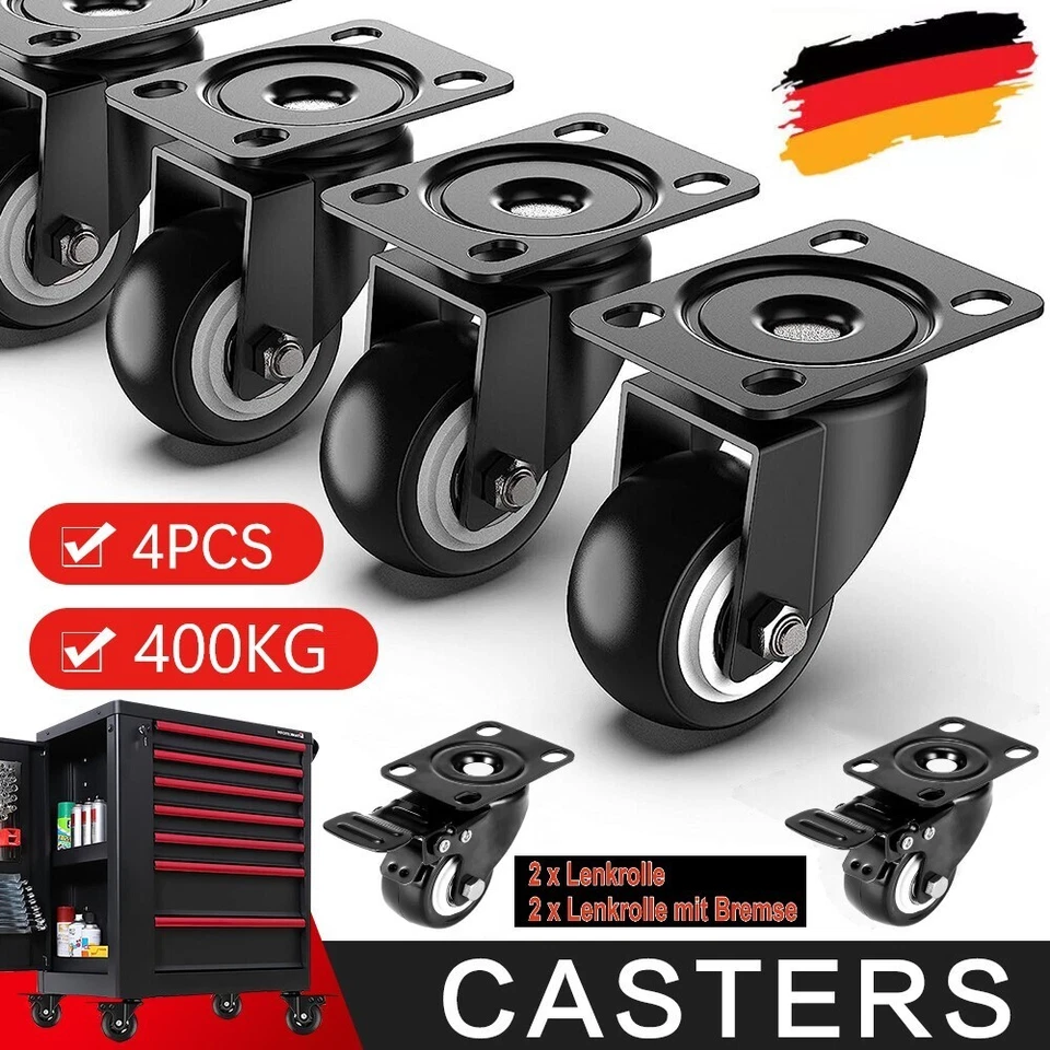 MARKENLOS 4x Schwerlastrollen Für Möbel 50mm 400KG Transportrollen Lenkrollen Mit Bremse