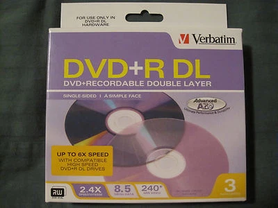 3-Pack Verbatim 8.5 GB 2.4X DVD+R DL Recordable Double Layer Disc in Jewel Cases - Image 1 of 4