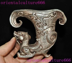China dynasty Tibetan silver PI Xiu beast phoenix Wine vessel Goblet Cup statue - Picture 1 of 8