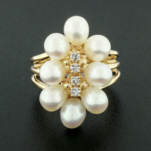 14k Yellow Gold 0.12ctw Round Single Cut Diamond & Oval Pearl Halo Cluster Ring