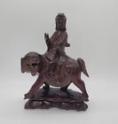 Vintage Lacquered Handcarved Wood Buddha Statue Kwan-yin Guanyin Riding Foo Dog