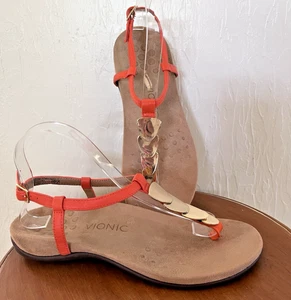 Vionic Miami Gold Accent Toe Post Orange Salmon Ortha Heel Comfort Size 8 EUC - Picture 1 of 9