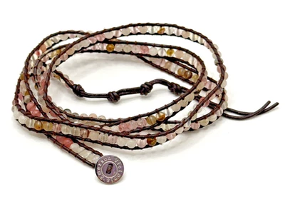 Pulsera envolvente de cuero marrón con cuentas de piedra multicolor VICTORIA EMERSON 33" - 36" Foto 1 de 4