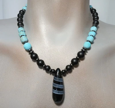 Collar de piedra turquesa ágata negra de 20" para hombre con colgante de lágrima hecho a mano en EE. UU. Foto 1 de 4