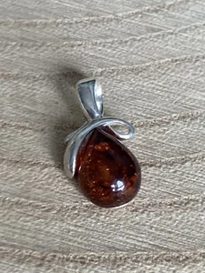 Teardrop Amber Pendant Sterling Silver 925 Cognac Gemstone Gift - Picture 1 of 3