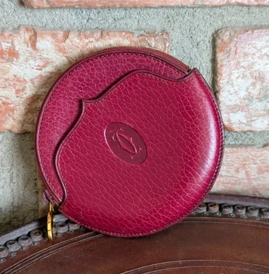Raro Cartier Vintage Círculo Redondo Cremallera Monedero Mini - Borgoña Foto 1 de 4
