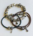 Authentic Pandora Bracelet Lot of 3 Silver Gold Leather Lucky 27 Charms Retired 