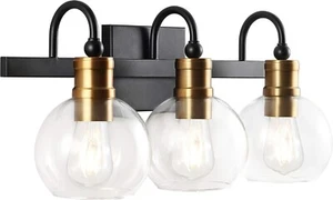 JONATHAN Y LED 3 Light Vanity Black/Brass Gold Iron with Glass Rustic Vintage - Picture 1 of 6