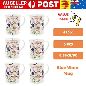 6 x 415cc Australian Birds Blue Wren Fine Bone Chinaware Coffee Mug Tea Cup Gift - Picture 1 of 2