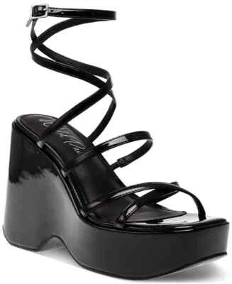 Wild Pair Women's Platform Wedge Sandals  Merina Strappy Black Patent Shiny 9.5 - Image 1 of 3