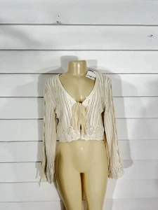 New ZARA Woman Beige Contrast Crop Knit Cardigan Ribbon Long Sleeve Size S Y891 - Picture 1 of 24