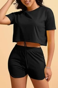 NEW PINSV Summer Women's 2 Piece Short Tracksuit Black Size Medium - Picture 1 of 1