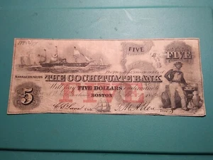 1853 A The Cochituate Bank Boston MA Paddle Wheel  5 Dollar Note. VF - Picture 1 of 2