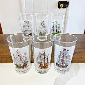 Sailing Ship Galleon Tumblers Set of 6 Vintage Drinking Glasses inc Santa Maria - Picture 1 of 23
