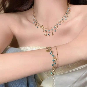 Gold multi chains shell layers turquoise sparkle boho necklace bracelet set - Picture 1 of 6