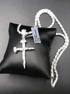 925 Sterling Silver 1.01CT Moissanite Nail Cross Pendant Men’s Necklace Size 24” - Picture 1 of 14