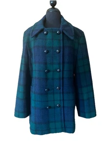 Vintage L.L. Bean Wool Coat Blue & Green Plaid Double-Breasted Sz 16 Made in USA - Picture 1 of 11