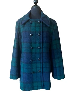 Vintage L.L. Abrigo de Lana Bean Azul y Verde a Cuadros Doble Pecho Talla 16 Hecho en EE. UU. Foto 1 de 4