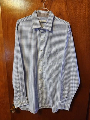 Men's Large 16/16 1/2 Van Heusen White Blue Check Long Sleeve Button Down Shirt - Image 1 of 4