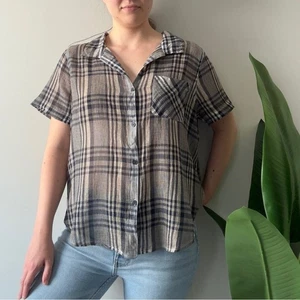 Lucky Brand 100% Cotton Navy gray Beige Plaid Button-Down Shirt Short sleeve NWT - Picture 1 of 13