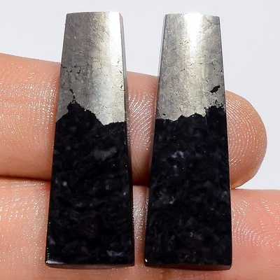 37 Ct. Natural Fancy Shape Apache Gold Pyrite Cabochon Gemstone Pair 30X10X3 mm - Image 1 of 2