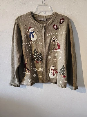 Croft & Barrow Pale Green Snowman Winter Zip Cardigan Sweater Large Petite - Image 1 of 4