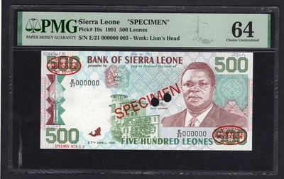 Sierra Leone 500 Leones 27-4-1991 P19s "Specimen N.003" UNC Graded 64 Top Pop - Image 1 of 2