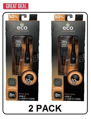 Eco Survivor 8 ft Extra-Long USB-C to USB-A Braided Fast Charging Cable (2-PACK) - Image 1 of 4