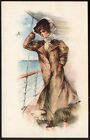 Shipboard Wench Endures a Windy Passage. Pre-1914 Vintage Art Postcard. Free p&p