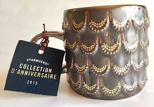 Starbucks 2015 Anniversary 10 oz Coffee Mug Mermaid 3D Gold Scales Metallic Cup - Picture 1 of 9
