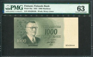 Finlandia 1955, 1000 Markkaa, P93a, PMG 63 UNC - Foto 1 di 3
