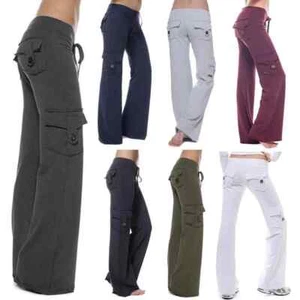 Women's Cargo Pants High-Rise Elastic Trousers Joggers Sports Leg Wide New - Picture 1 of 15