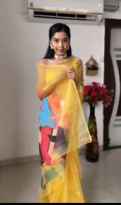 Yellow Color Digital Graphic Printed Orgenza One Minute Ready To Wear SareeCholi