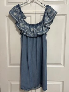 Vestido Chelsea + Theodore Azul Jean Denim Escote Campesino Sin Mangas Bolsillos 1X - Imagen 1 de 6